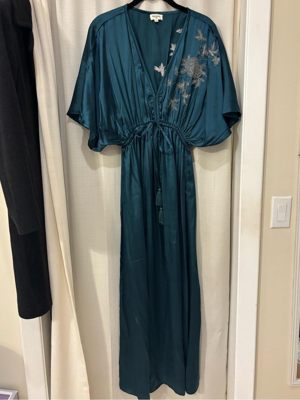 Teal Satin Embroidered Kimono-Style Maxi Dress / Caftan